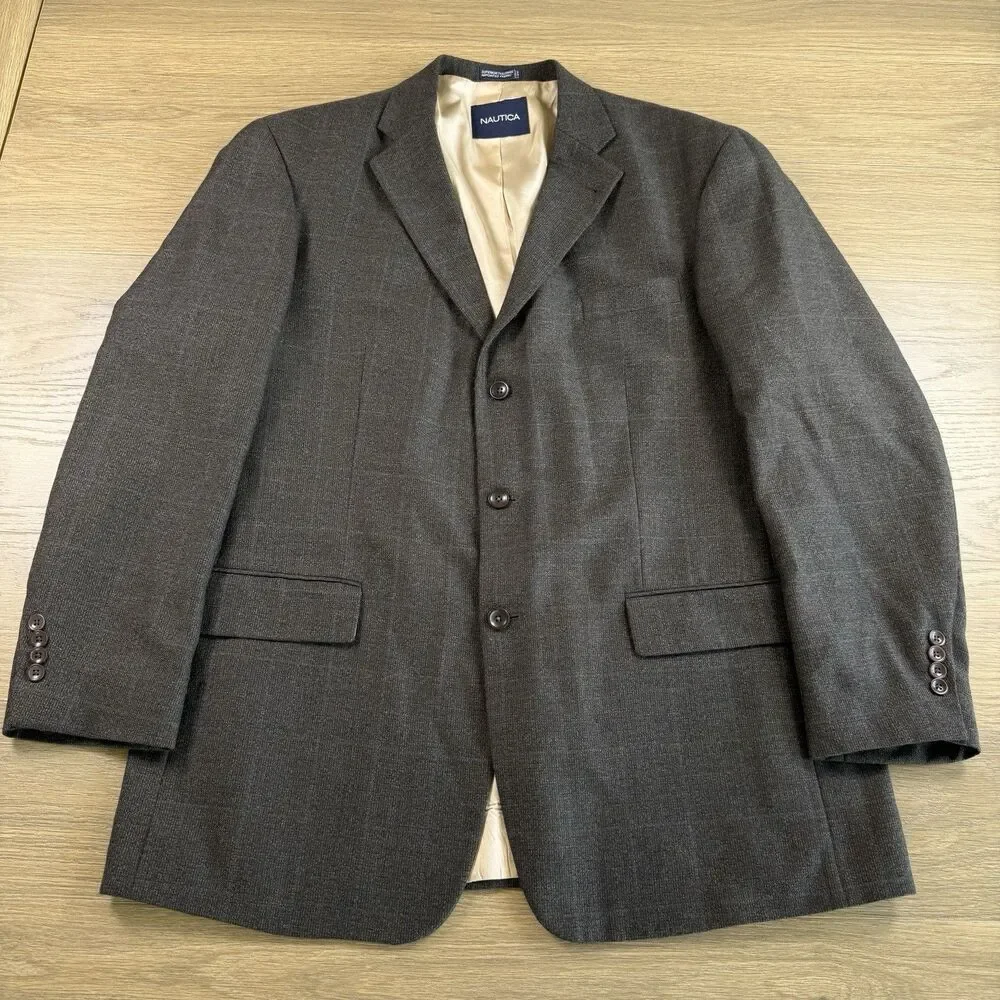 Nautica Sport Coat Men 46L Brown Blue Window Panes Three Button Notched Blazer